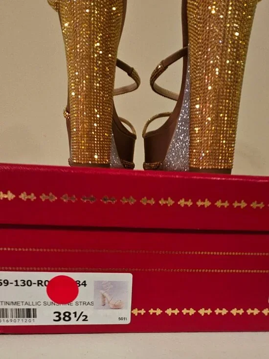 Rene Caovilla 38.5 Cleo Gold Platform Crystal Wrap Strap Sandal Block Heel Pump - Picture 11 of 12